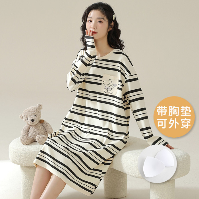 睡裙女带胸垫一体式春秋季长袖衣