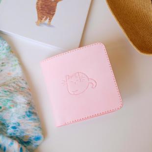 秋山手作头层牛皮手工制作蜜桃薄荷猫咪钱包卡包