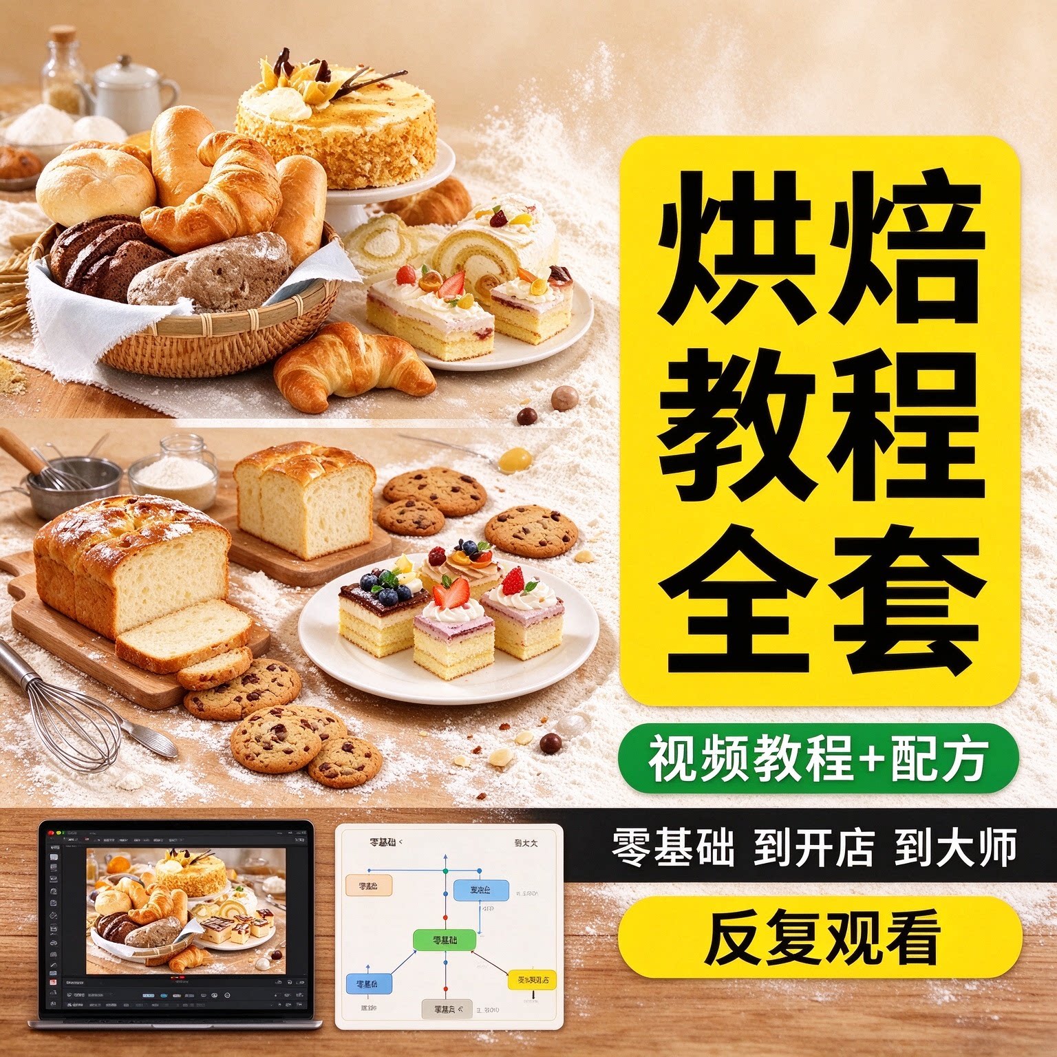 烘焙教程全套烘培视频教程蛋糕点心面包甜品配方课程零基础素材