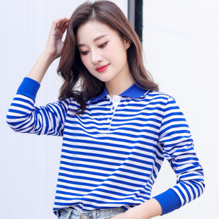 海魂衫翻领女款长袖T恤蓝色条纹Polo衫商务休闲姐妹聚会工作服装