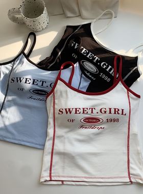 蓝色字母印花吊带背心女秋外穿独特漂亮掐腰修身辣妹短款无袖上衣