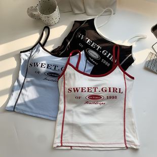 上衣 无袖 蓝色字母印花吊带背心女秋外穿独特漂亮掐腰修身 辣妹短款