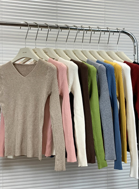 秋冬气质锁骨V领内搭针织长袖T恤修身保暖打底衫套头显瘦毛衣女