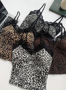 美式复古蕾丝拼接豹纹小吊带背心女春秋带胸垫内搭短款无袖上衣潮