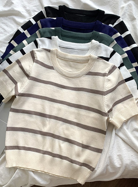 Spicy danc撞色条纹针织T恤女夏季圆领短款打底衫修身显瘦短袖上