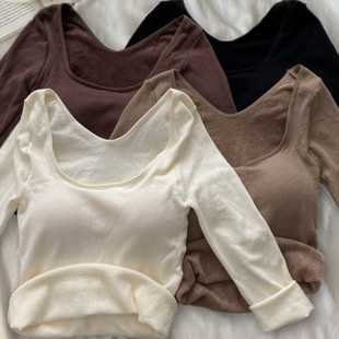 磨毛带胸垫打底衫女秋冬季长袖大U领T恤女修身加绒保暖内搭上衣女