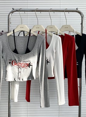 美式性感甜辣假两件挂脖长袖t恤女装早秋修身独特漂亮短款小上衣