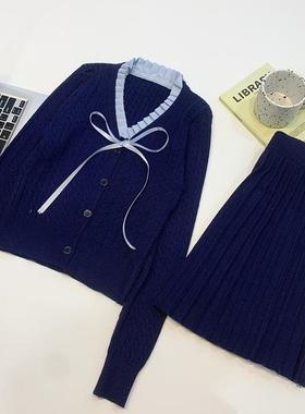 藏蓝色v领蝴蝶结内搭针织衫女秋冬季打底羊毛衣针织开衫外套上衣