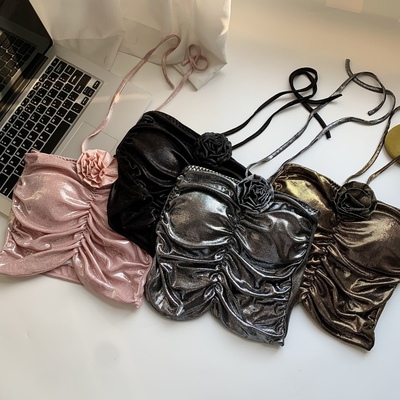 粉色亮丝花朵吊带背心女外穿