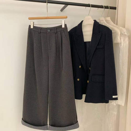深灰色毛呢休闲裤女秋冬加绒大码