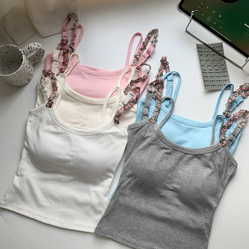 韩系花朵装饰粉色小吊带背心女