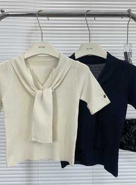 蓝色V领正肩系带针织短袖T恤女夏季小众别致绝美修身甜辣妹小上衣