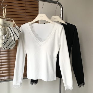 miu系蕾丝拼接v领磨毛保暖打底衫 上衣 女秋冬纯欲内搭t恤正肩长袖