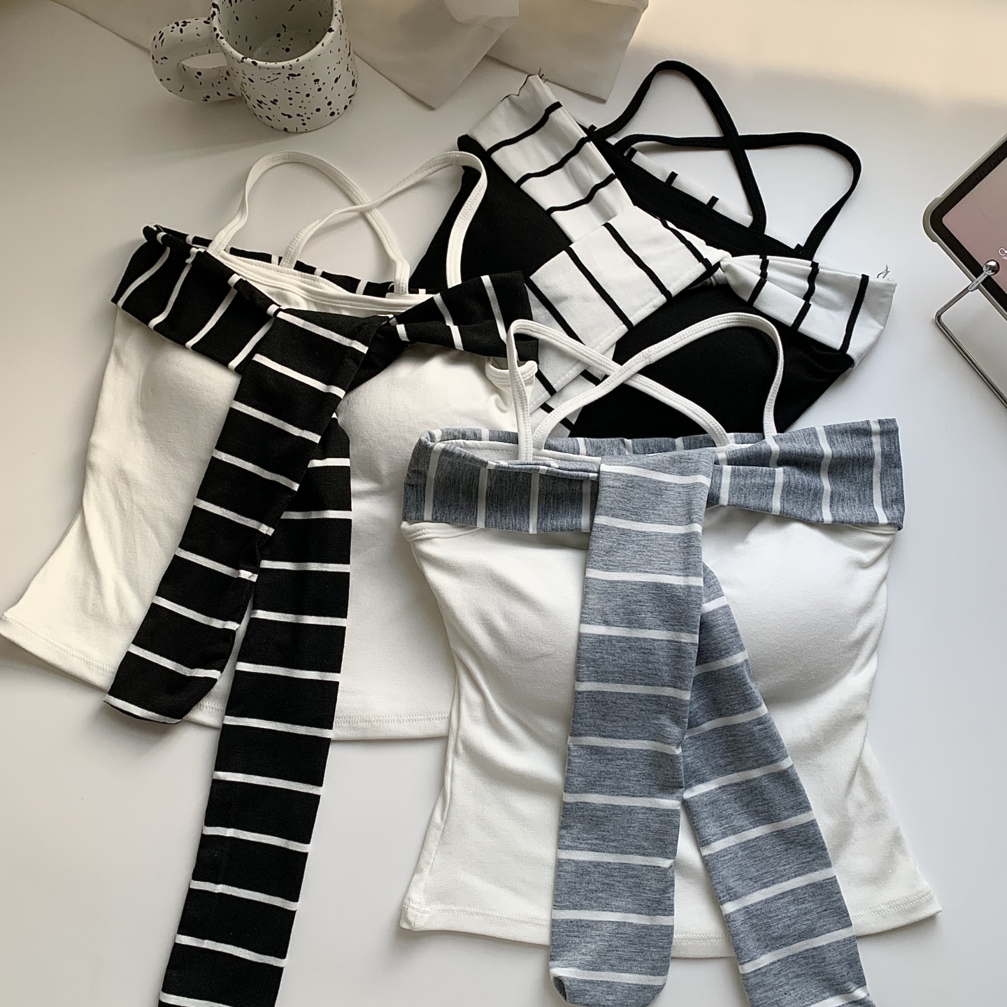 甜美假两件条纹披肩女吊带背心