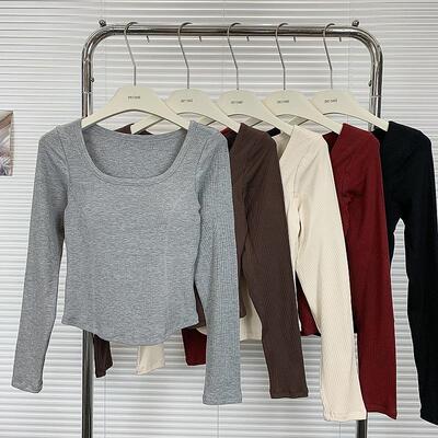 纯棉正肩长袖修身短款T恤