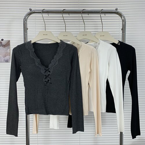 蝴蝶结蕾丝V领长袖T恤女早春