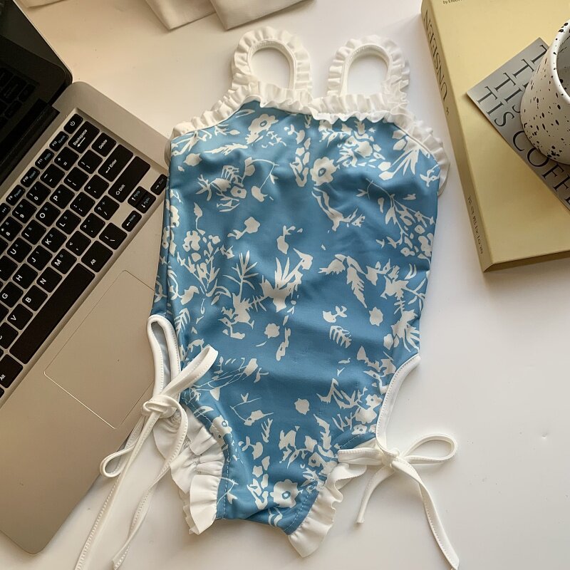女童蝴蝶结泳衣夏季女宝宝碎花连体泳衣裤速干韩版女孩海边游泳装
