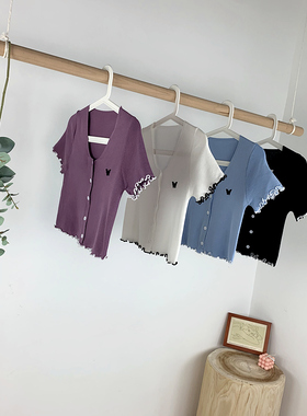 紫色蝴蝶高腰上衣短袖2020夏季新款女修身短款针织外搭开衫薄款