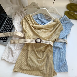 设计感露肩薄款 温柔风荡领短袖 新款 女2025夏季 叠穿外搭上衣 针织衫