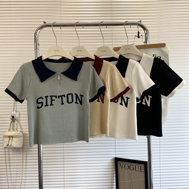 polo衫字母印花宽松短款上衣