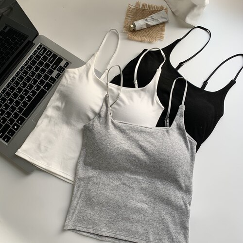 新款韩版纯欲风少女小吊带背心自带胸垫一体内搭可外穿短款上衣女