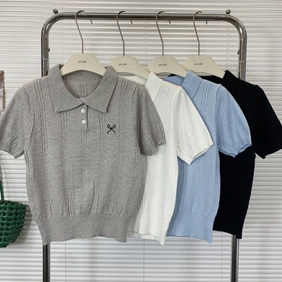 甜美蝴蝶结刺绣针织短袖T恤