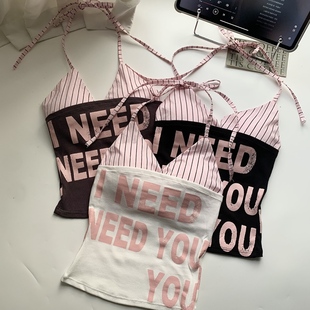 条纹挂脖吊带内搭上衣两件套 抹胸女2025夏季 美式 辣妹字母印花无袖