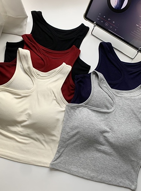 美式红色螺纹小吊带背心女带胸垫外穿西装内搭打底衫无袖挂脖上衣