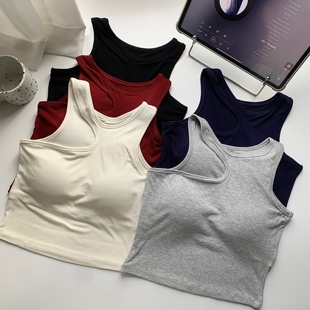 美式 内搭打底衫 无袖 挂脖上衣 红色螺纹小吊带背心女带胸垫外穿西装