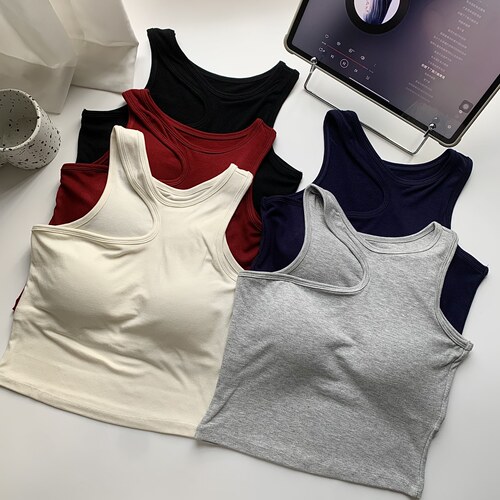 美式红色螺纹小吊带背心女带胸垫