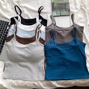 带胸垫弹力纯棉短款 吊带上衣女外穿紧身露脐小背心女 内搭打底无袖