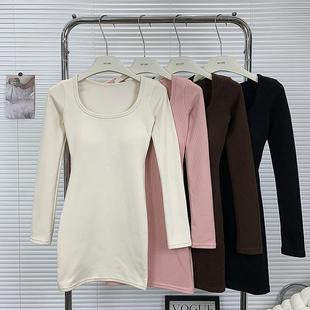 粉色带胸垫T恤连衣裙女秋季 磨毛内搭裙打底裙子性感紧身包臀短裙