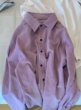 日系温柔芋泥紫色长袖衬衫女灯芯绒秋冬新款韩系别致叠穿上衣内搭