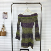 长袖 一字肩针织条纹连衣裙女秋季 修身 裙子纯欲风辣妹收腰包臀短裙