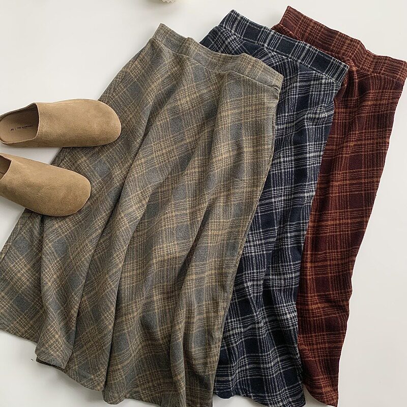 毛呢格子半身裙女中长款秋冬高腰伞裙显瘦格纹a字加厚大摆中长裙