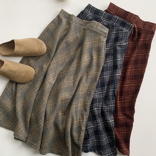 毛呢格子半身裙女中长款秋冬高腰伞裙显瘦格纹a字加厚大摆中长裙