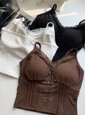 少女纯欲蕾丝拼接显瘦修身吊带背心自带胸垫性感V领内搭打底上衣