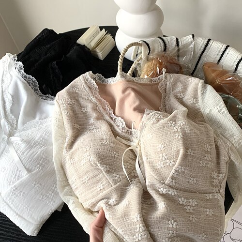 纯欲蕾丝花边V领打底衫女秋冬