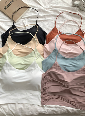 黑色挂脖美背背心网红新款吊带女春秋外穿裹胸内搭带胸垫抹胸上衣