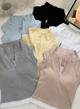 baby蓝色假两件半拉链polo领无袖t恤女夏季纯欲bm风修身辣妹上衣