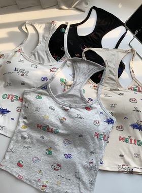 美式辣妹印花吊带背心女夏季带胸垫美背修身显瘦外穿无袖打底上衣