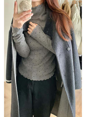 十三行新款韩版波浪边半高领波点打底衫百搭减龄女士长袖显瘦T恤