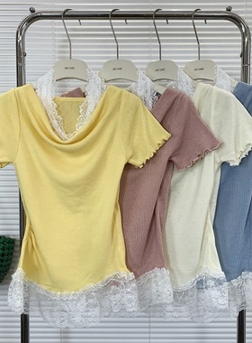 黄色荡领假两件蕾丝拼接短袖T恤女夏季修身显瘦纯欲一字肩上衣ins