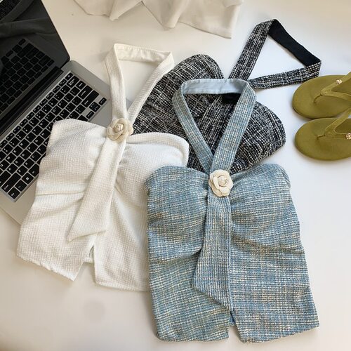 小香风山茶花挂脖吊带小背心女