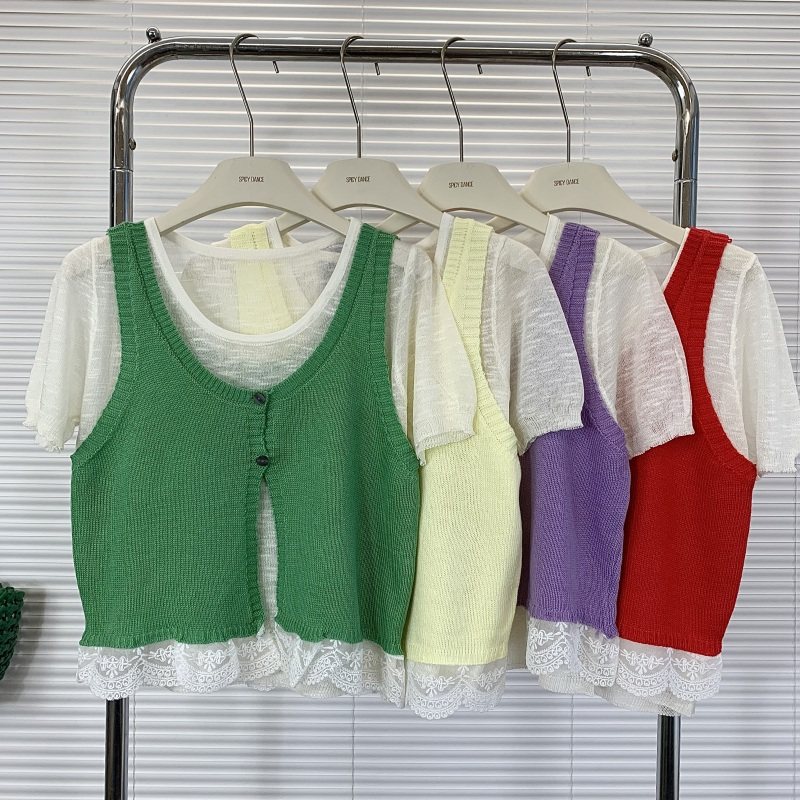 韩系甜美薄款叠穿短袖T恤针织马甲背心女2025夏季新款时尚两件套,女装/女士精品,背心吊带,淘宝优惠券,粉丝福利购,淘宝优惠卷