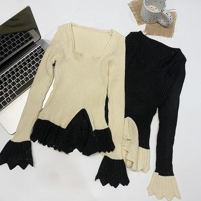 秋季法式复古名媛设计感不规则荷叶边针织打底衫上衣高级感毛衣女