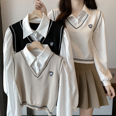 日系小个子奶甜盐学院风穿搭女针织背心马甲衬衫上衣秋季两件套装