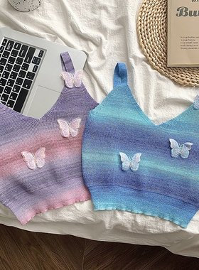 渐变蓝色蝴蝶针织吊带背心女夏外穿甜辣妹短款抹胸上衣多巴胺穿搭