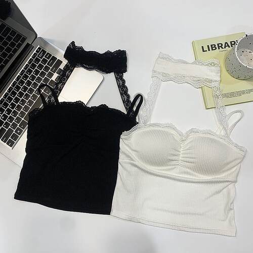 纯欲风蕾丝拼接挂脖吊带