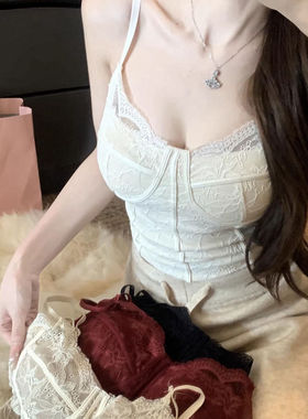 蕴藏温柔 蕾丝美背吊带背心女士带胸垫磨毛保暖内衣内搭外穿上衣